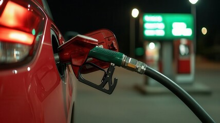 Fuel Nozzle Inserted into Car Tank with Gasoline Price Display in Background Fueling nozzle in focus, price display blurred, representing cost considerations in refueling
