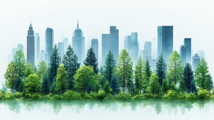 Obraz premium City Skyline with Lush Green Forest in the Foreground, Emphasizing the Harmony Between Urban Development and Nature for a Sustainable and Eco-Friendly Future
