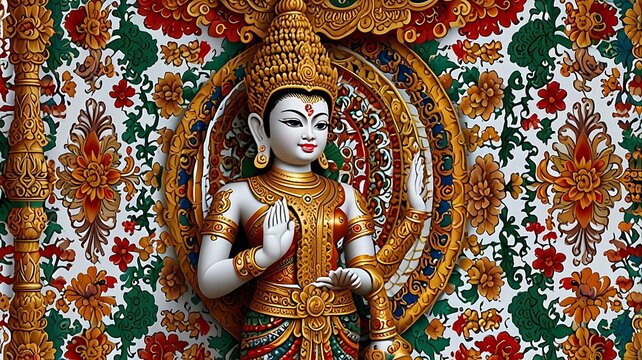 Thep Phanom Thai-inspired pattern, with realistic mythical details on a white background