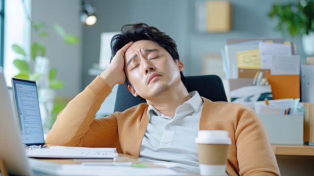 Man Slouched Over Desk with Head Resting on Arm, Eyes Closed in Exhaustion, Blurred Office Background with Computer and Papers, Capturing Fatigue of a Long Workday