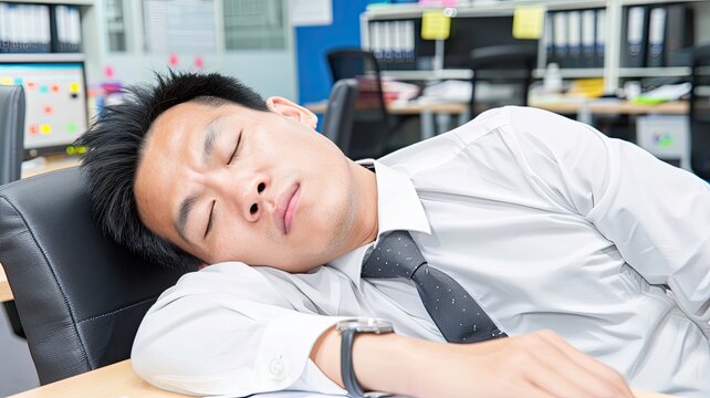 Man Slouched Over Desk with Head Resting on Arm, Eyes Closed in Exhaustion, Blurred Office Background with Computer and Papers, Capturing Fatigue of a Long Workday
