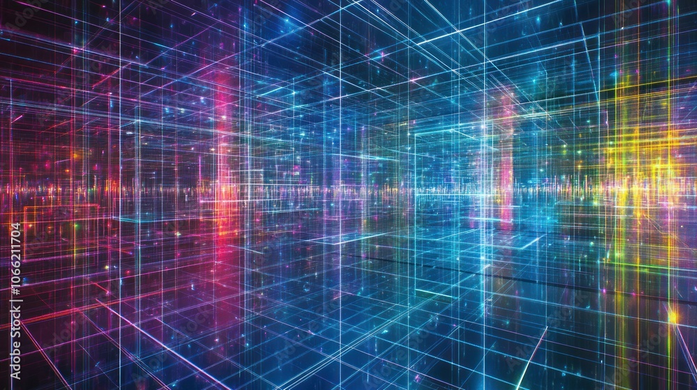Aufkleber abstract digital grid with vibrant neon lines and glowing particles