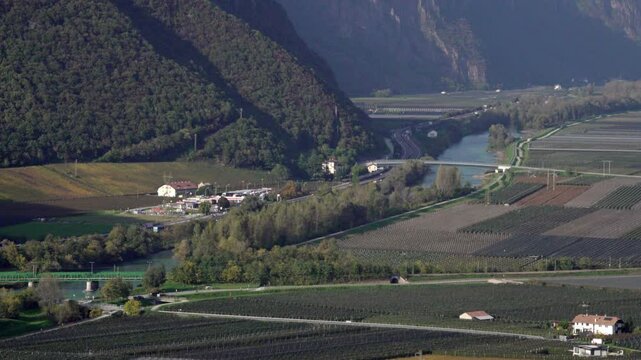 View of part of the South Tyrolean lowland, Italy on a sunny day in autumn.