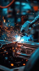 Robotic arms perform precise welding on car frames, highlighting automation in the factory setup
