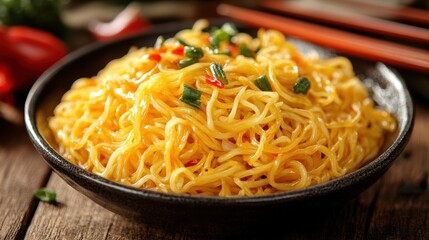 A steaming plate of yellow stir-fried noodles and vibrant vegetables, served with chopsticks, surrounded by traditional Chinese New Year decorations, capturing the essence of celebration