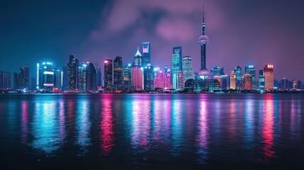 Obraz premium Neon-Lit Shanghai Skyline Reflecting in Water at Night