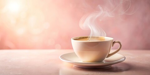 Fototapeta premium A steaming cup of coffee with a heart-shaped handle sits on a saucer against a soft pink background, inviting warmth and comfort.