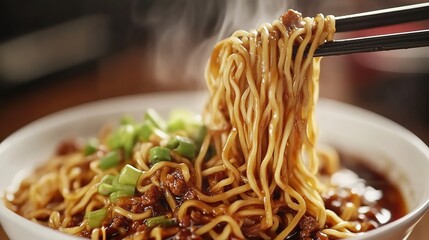 Dry Noodles Coated with Soy Sauce and Garnished with Green Onions in Chinese Dishware