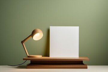 A soft sage green background with a simple wooden study lamp placed beside a centered white blank card