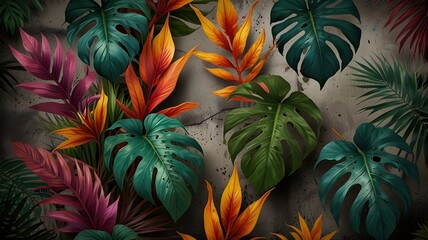 A realistic image of vibrant, drawn exotic tropical leaves intricately detailed on a weathered concrete grunge wall.