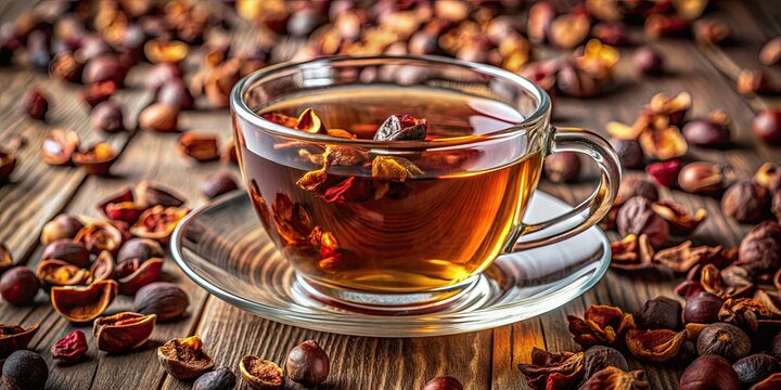 Close-up of cascara tea made from coffee cherry skins, cascara, coffee, tea, drink, beverage, close-up, dried, cherry