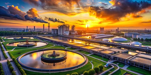 Fototapeta premium A panoramic view of an industrial complex with circular water treatment basins surrounded by lush greenery, all bathed in the warm glow of a vibrant sunset.