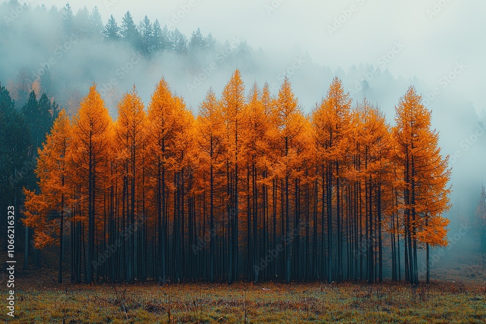 Poster a row of golden larch trees in a misty forest