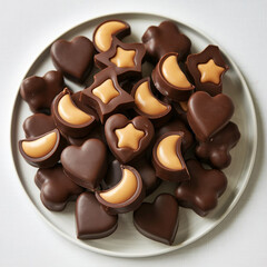The nut chocolate,Directly above shot of cherries in box against white background,Pile of chocolate square candies with cocoa filling isolated on a white background.
