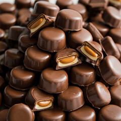 The nut chocolate,Directly above shot of cherries in box against white background,Pile of chocolate square candies with cocoa filling isolated on a white background.