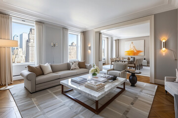 Cozy living room featuring a marble coffee table, oak wood flooring, and a soft gray sofa for a stylish, serene vibe. interior 