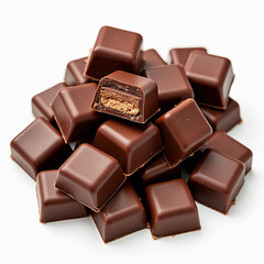 Chocolate thins with white cream filling isolated on white,Pile of chocolate square candies with cocoa filling isolated on a white background