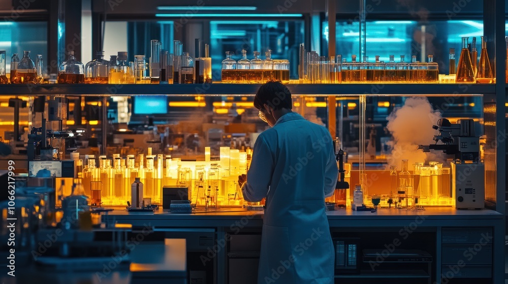 Poster scientist working with chemical solutions in a laboratory