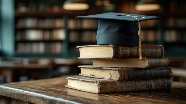 A black graduation cap sits atop a stack of old books in a library setting.