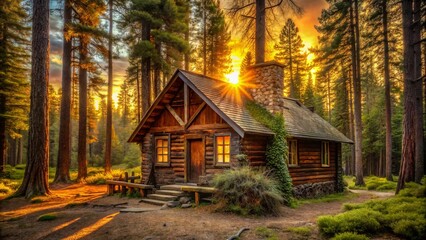 A Rustic Cabin Nestled Among Tall Trees As The Golden Hour Bathes The Forest In Warm Light