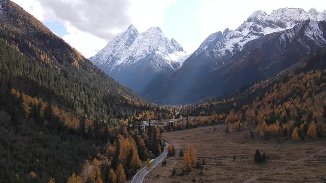 Drone aerial photography flying Landscape of Siguniang mountain or Four girls mountains with ,located in the Aba Tibetan and Qing Autonomous Prefecture in western Sichuan of China.