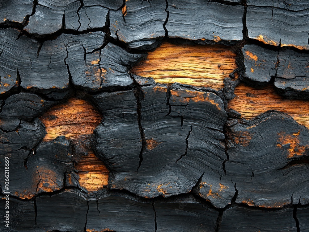 Poster close-up of charred wood with exposed inner layers