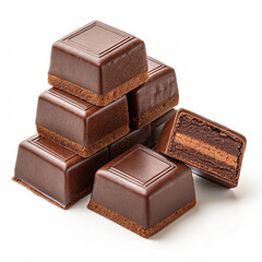 Chocolate thins with white cream filling isolated on white,Pile of chocolate square candies with cocoa filling isolated on a white background