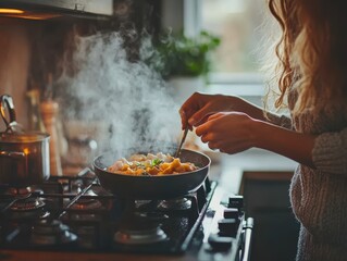 Woman cooking in a modern kitchen with steam rising from the pan.