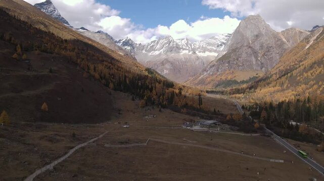 Drone aerial photography flying Landscape of Siguniang mountain or Four girls mountains with ,located in the Aba Tibetan and Qing Autonomous Prefecture in western Sichuan of China.