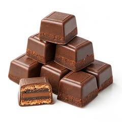 Chocolate thins with white cream filling isolated on white,Pile of chocolate square candies with cocoa filling isolated on a white background