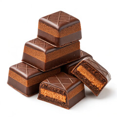 Chocolate thins with white cream filling isolated on white,Pile of chocolate square candies with cocoa filling isolated on a white background
