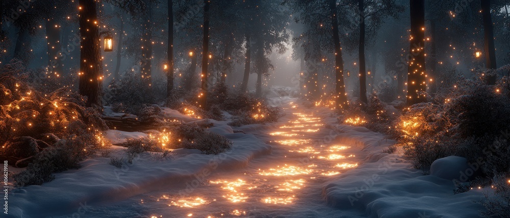 Poster Enchanting Pathway Through a Snowy Forest Illuminated by Warm Lights