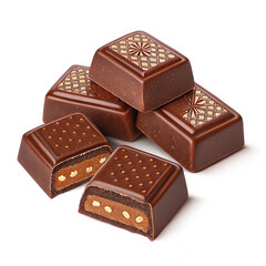 Chocolate thins with white cream filling isolated on white,Pile of chocolate square candies with cocoa filling isolated on a white background