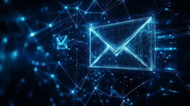 Futuristic digital email icons surrounded by a glowing network of connections, symbolizing communication and technology