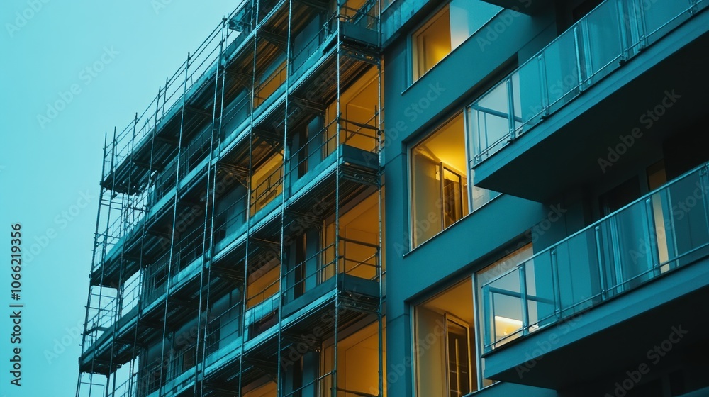 Aufkleber Teal Apartment Building With Scaffolding and Illuminated Windows