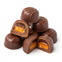 Chocolate thins with white cream filling isolated on white,Pile of chocolate square candies with cocoa filling isolated on a white background