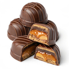Chocolate thins with white cream filling isolated on white,Pile of chocolate square candies with cocoa filling isolated on a white background