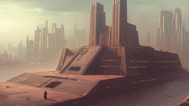 Futuristic monolithic building in a misty cityscape, with a lone figure standing on a vast terrace, evoking a sci-fi atmosphere