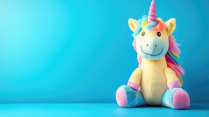 Unicorn plush toy isolated on blue background with copy space. Colourful stuffed animal for children gift ideas or store commercials