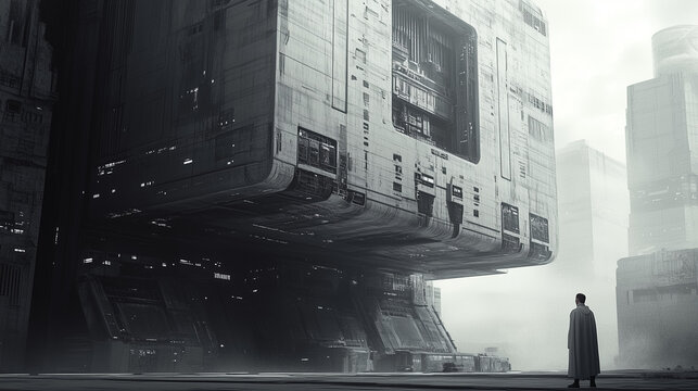 A lone figure stands before a colossal, futuristic, monolithic structure in a misty urban landscape