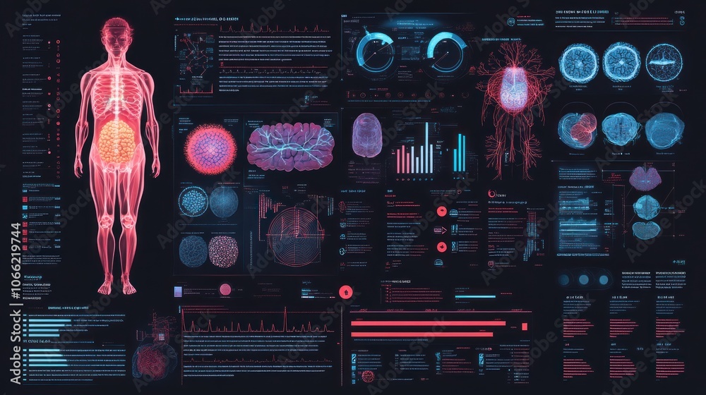 Poster futuristic medical interface with 3d human body scan and data analysis