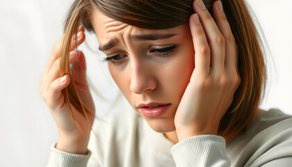 Fototapeta premium Confused european young lady suffering from depression, mental problems, crying and consults with psychologist isolated with white highlights, png