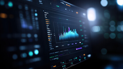 Obraz premium close up view of digital data visualization on screen, showcasing colorful graphs and metrics, representing analytics and technology. atmosphere is modern and high tech