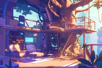Treehouse with a small kitchen and a view of the treetops. Cozy vibe, Generative AI