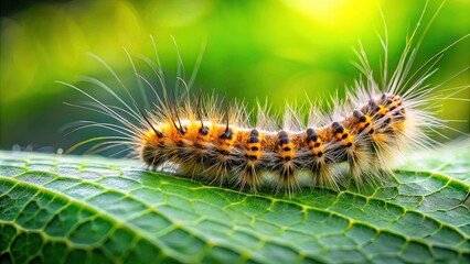 Fototapeta premium Furry caterpillar crawling on a green leaf, fuzzy, insect, nature, hairy, close-up, wildlife, macro, green, foliage