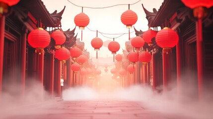 Obraz premium chinese new year background There are red lanterns hanging on the street of ancient Chinese buildings.