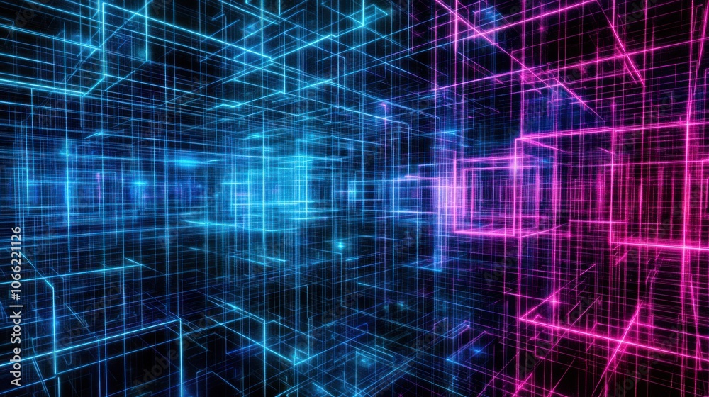 Poster abstract 3d grid with glowing blue and pink lines