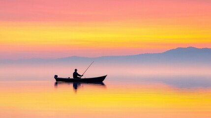Silhouette Fisherman Rowing Boat at Sunrise with Mountain Range in the Distance