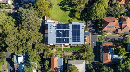 Aerial View of a House with Solar Panels on the Roof