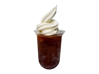 A plastic cup of chocolate iced coffee with ice cream on top, isolated on white background with clipping path. Cola or root beer float with Vanilla soft serve icecream.